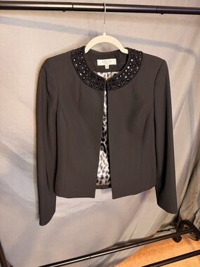 Kasper Black Beaded Collar Open Front Blazer